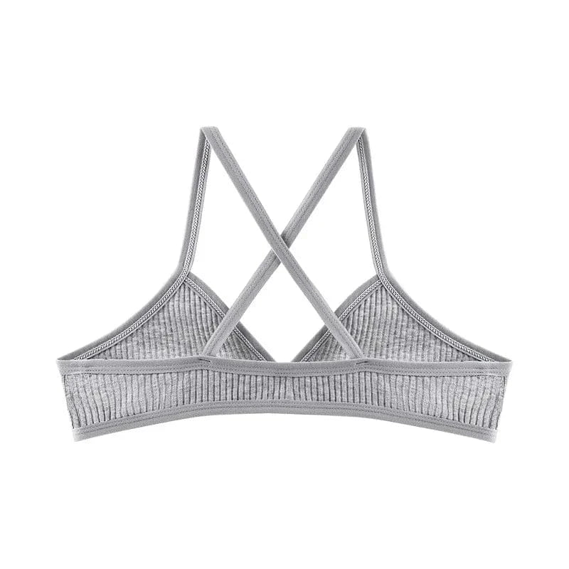 A grey ribbed bralette featuring a triangular design with thin crossed shoulder straps against a plain white background.