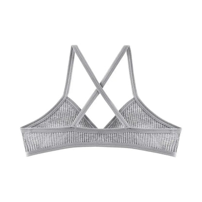 A grey ribbed bralette featuring a triangular design with thin crossed shoulder straps against a plain white background.