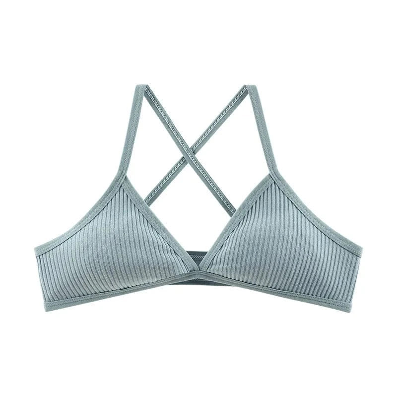 A sage green ribbed bralette featuring a triangular silhouette with crisscross spaghetti straps.