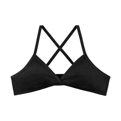 A black ribbed bralette with a triangle-shaped front and thin crisscrossing shoulder straps.
