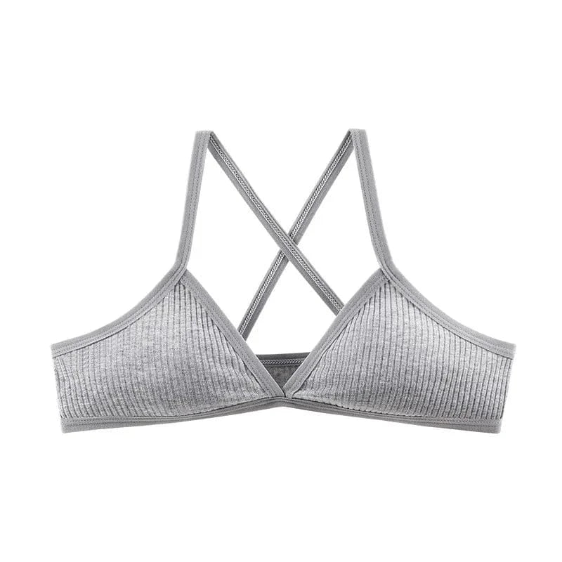 A grey ribbed bralette featuring a triangular cup design and crisscross straps set against a white background.
