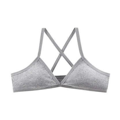A grey ribbed bralette featuring a triangular cup design and crisscross straps set against a white background.