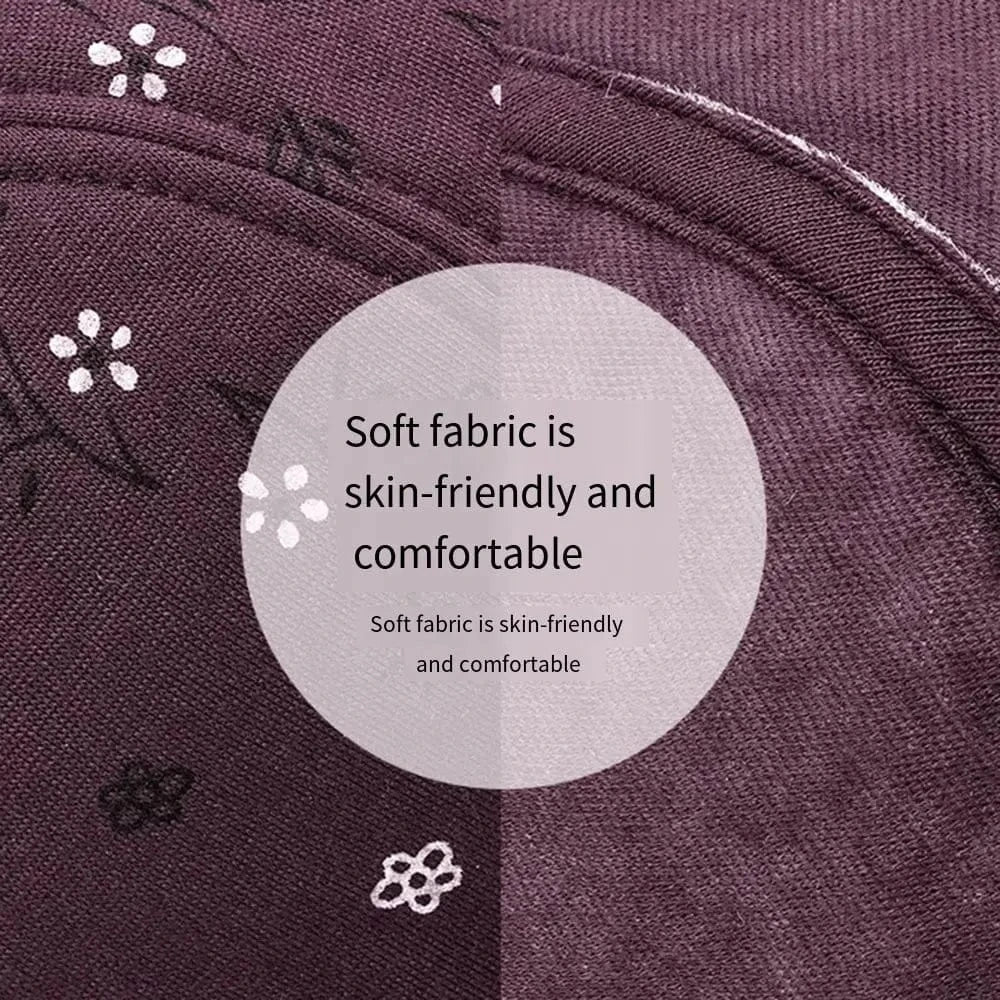 A close-up of dark purple fabric featuring a delicate floral pattern with small white flower motifs and a semi-transparent circular overlay containing the text Soft fabric is skin-friendly and comfortable.