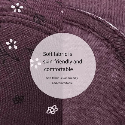 A close-up of dark purple fabric featuring a delicate floral pattern with small white flower motifs and a semi-transparent circular overlay containing the text Soft fabric is skin-friendly and comfortable.