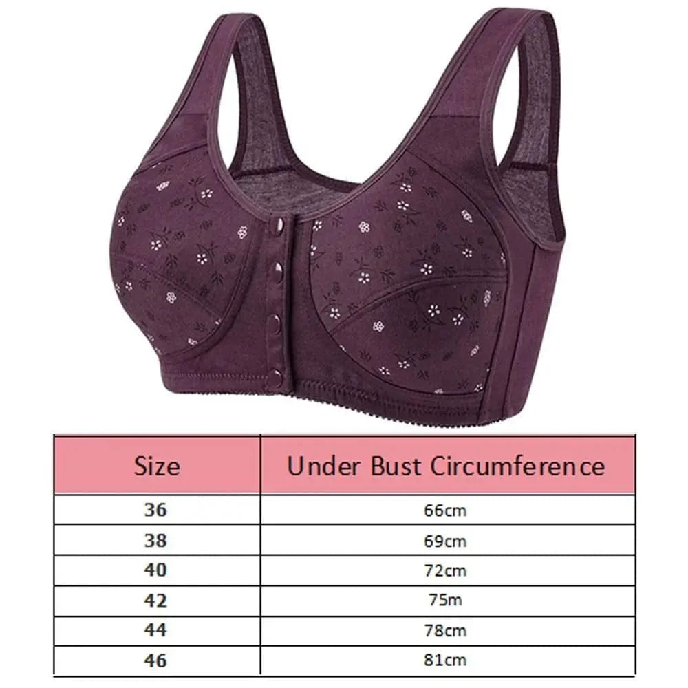 A deep purple front-closing bra with a small white floral pattern and a size chart table below it.