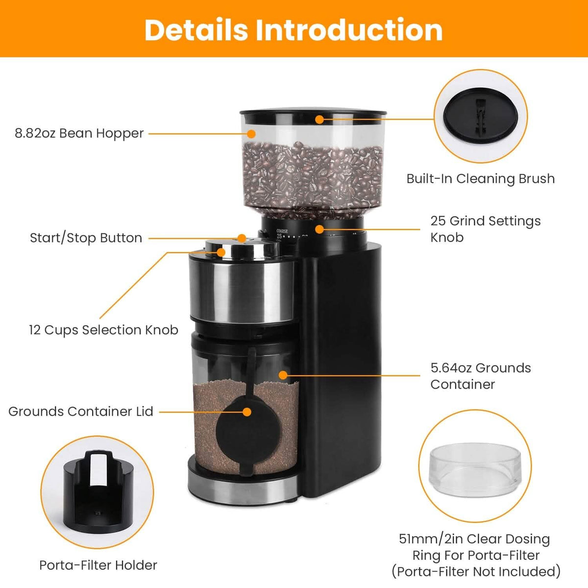 Conical Bur Coffee Bean Electric Grinder with 25 Grind Settings - A-1 Thread Vault