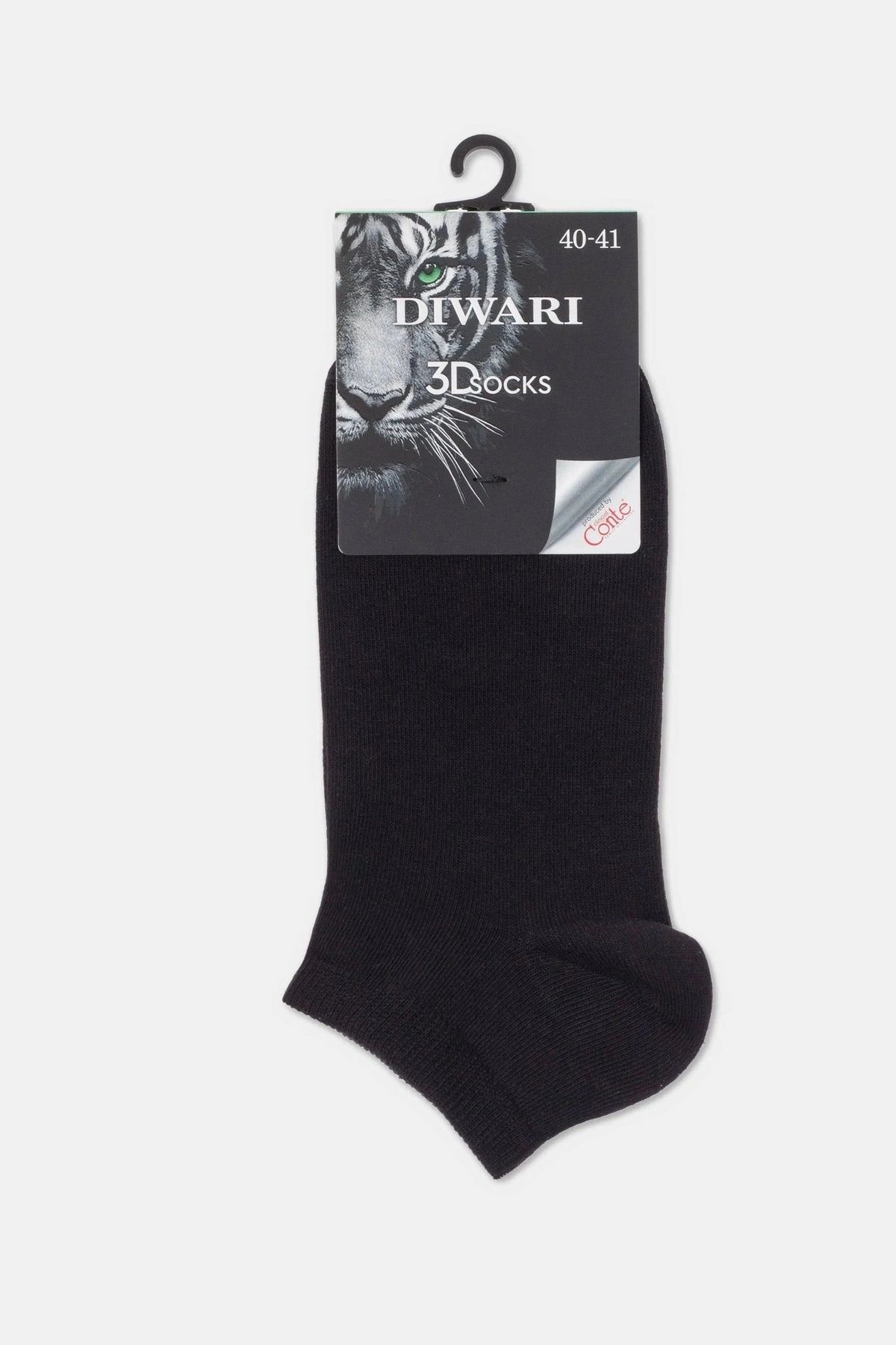 A single black ankle sock with its retail packaging attached, featuring a graphic of a tiger's face at the top.