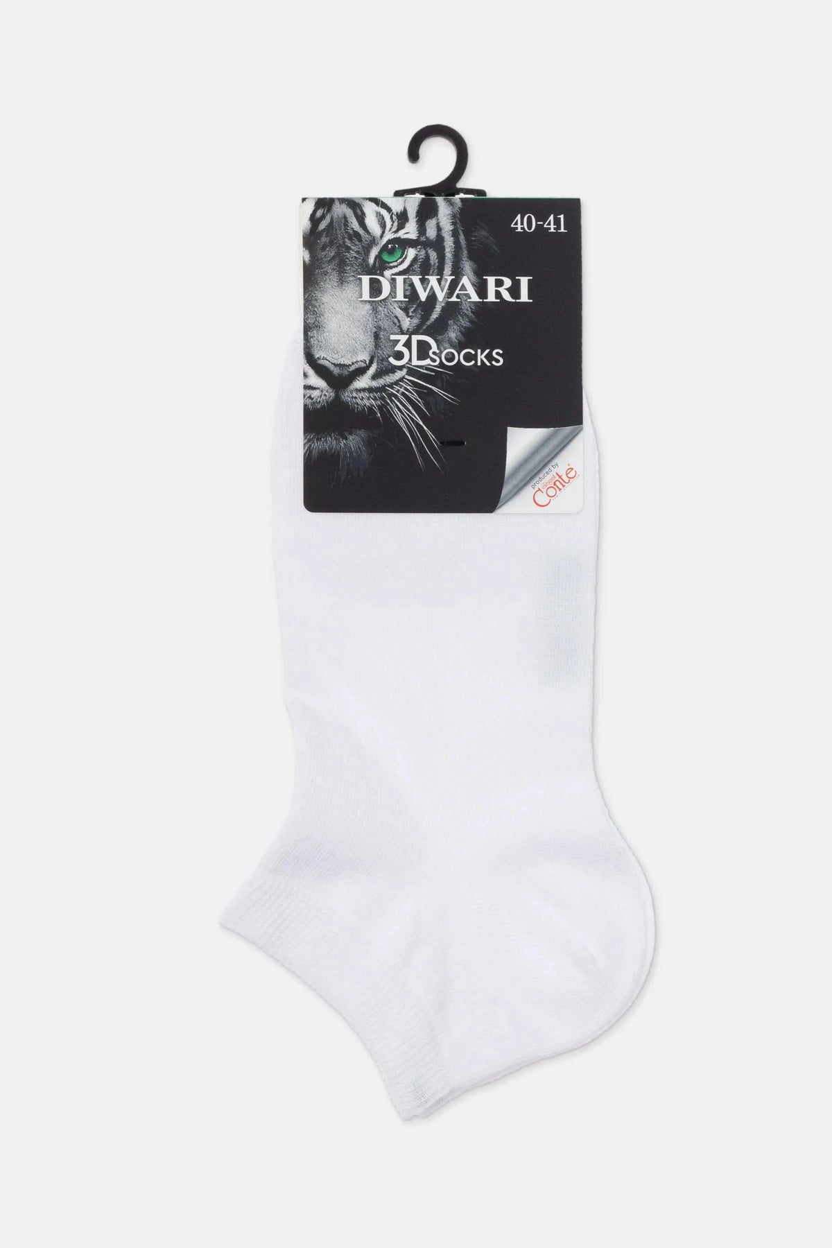A pair of white ankle socks on a cardboard header card featuring a tiger image and the text Diwari 3D socks.
