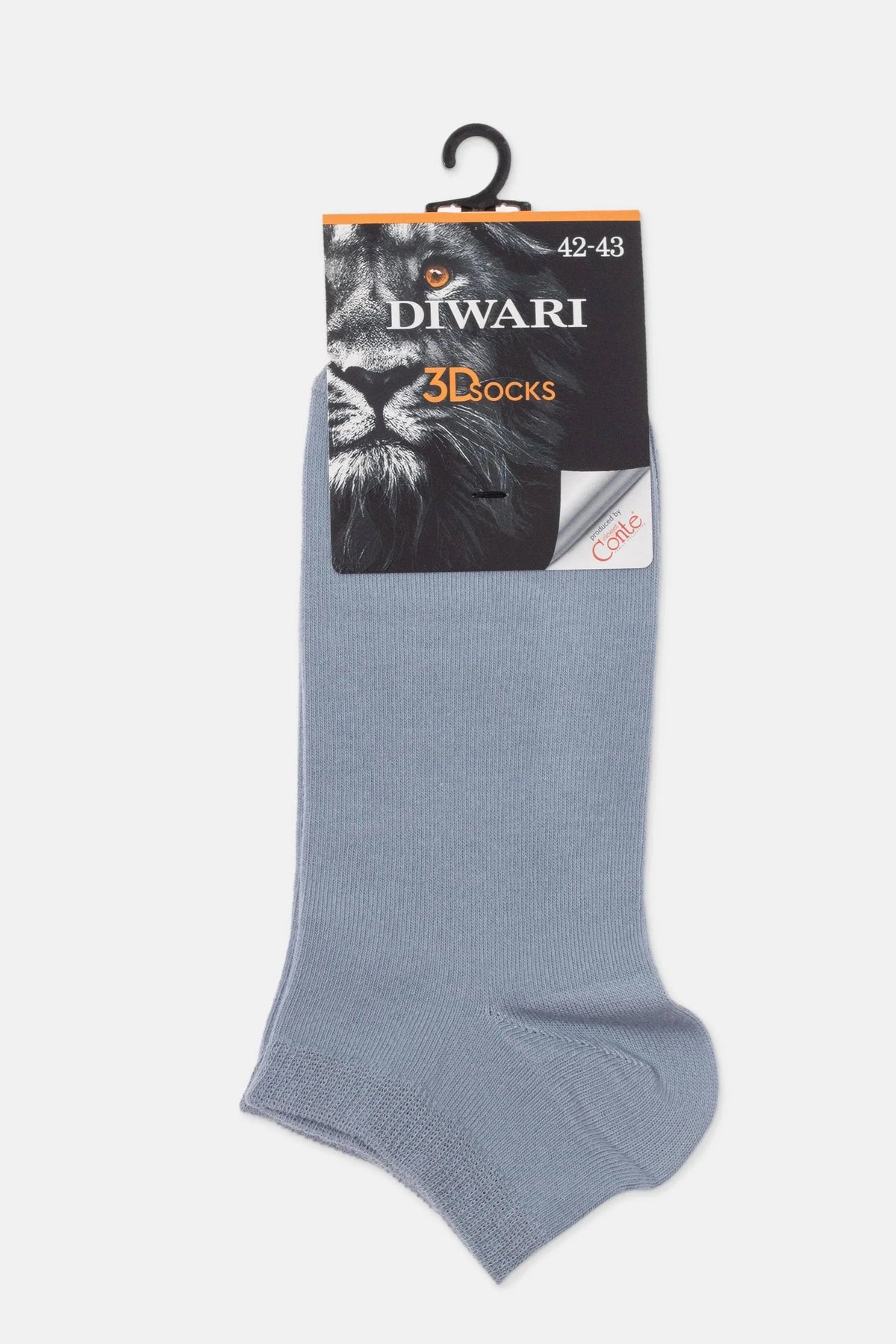 A single gray ankle sock is attached to a cardboard packaging card featuring a lion's head graphic and size information.