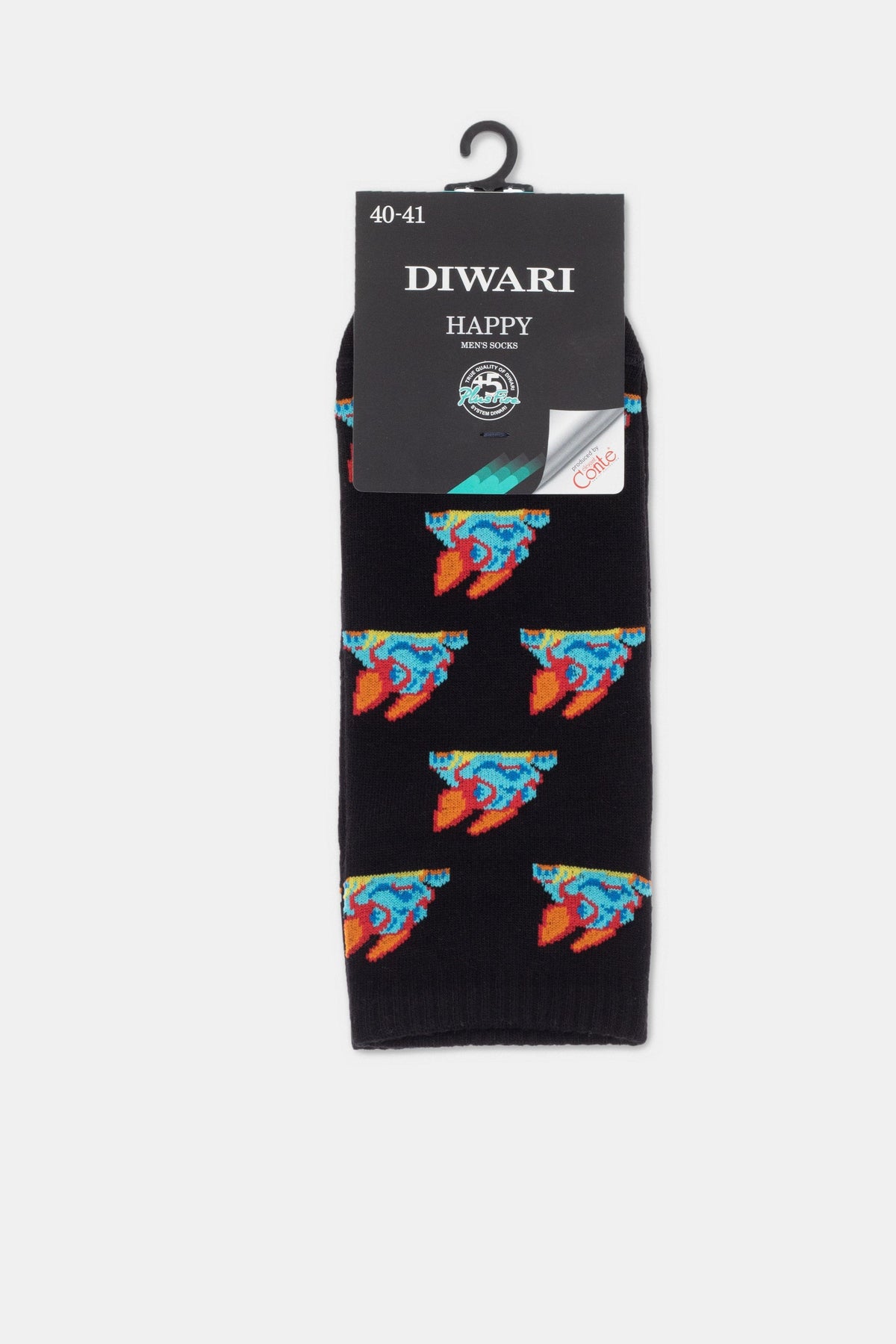 A pair of black crew socks featuring a repeating pattern of colorful stylized rocket ships printed against a white paper brand tag.