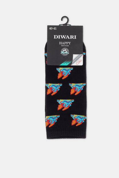 A pair of black crew socks featuring a repeating pattern of colorful stylized rocket ships printed against a white paper brand tag.