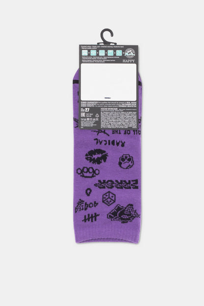 A pair of purple crew socks featuring a black pattern of various digital-style icons like skulls, error text, and geometric shapes, hanging from a branded cardboard header.