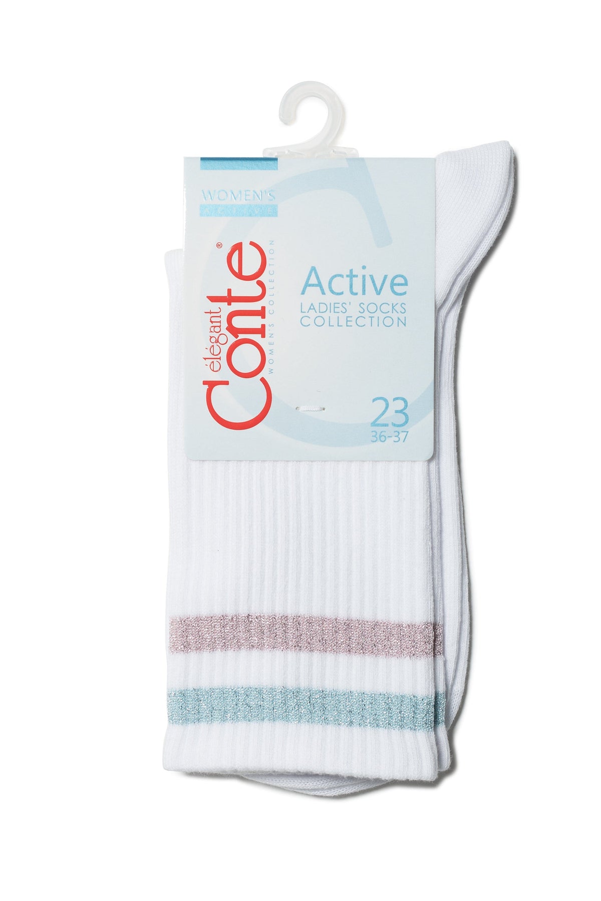 A pair of white ribbed socks featuring a thin metallic pink stripe and a thin metallic blue stripe near the cuff, displayed on a branded retail header card.