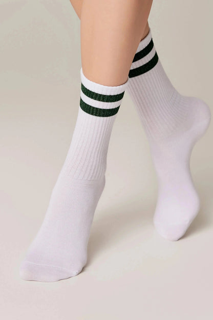 A pair of white crew-length socks featuring two horizontal dark green stripes around the ribbed upper cuffs.