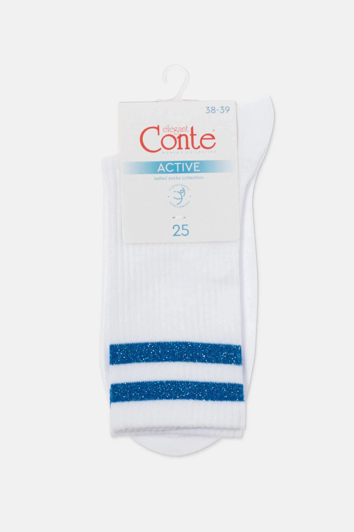 A pair of white crew socks featuring two horizontal glittery blue stripes near the cuff, displayed on a cardboard hanger.