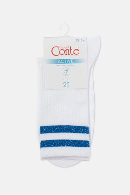 A pair of white crew socks featuring two horizontal glittery blue stripes near the cuff, displayed on a cardboard hanger.