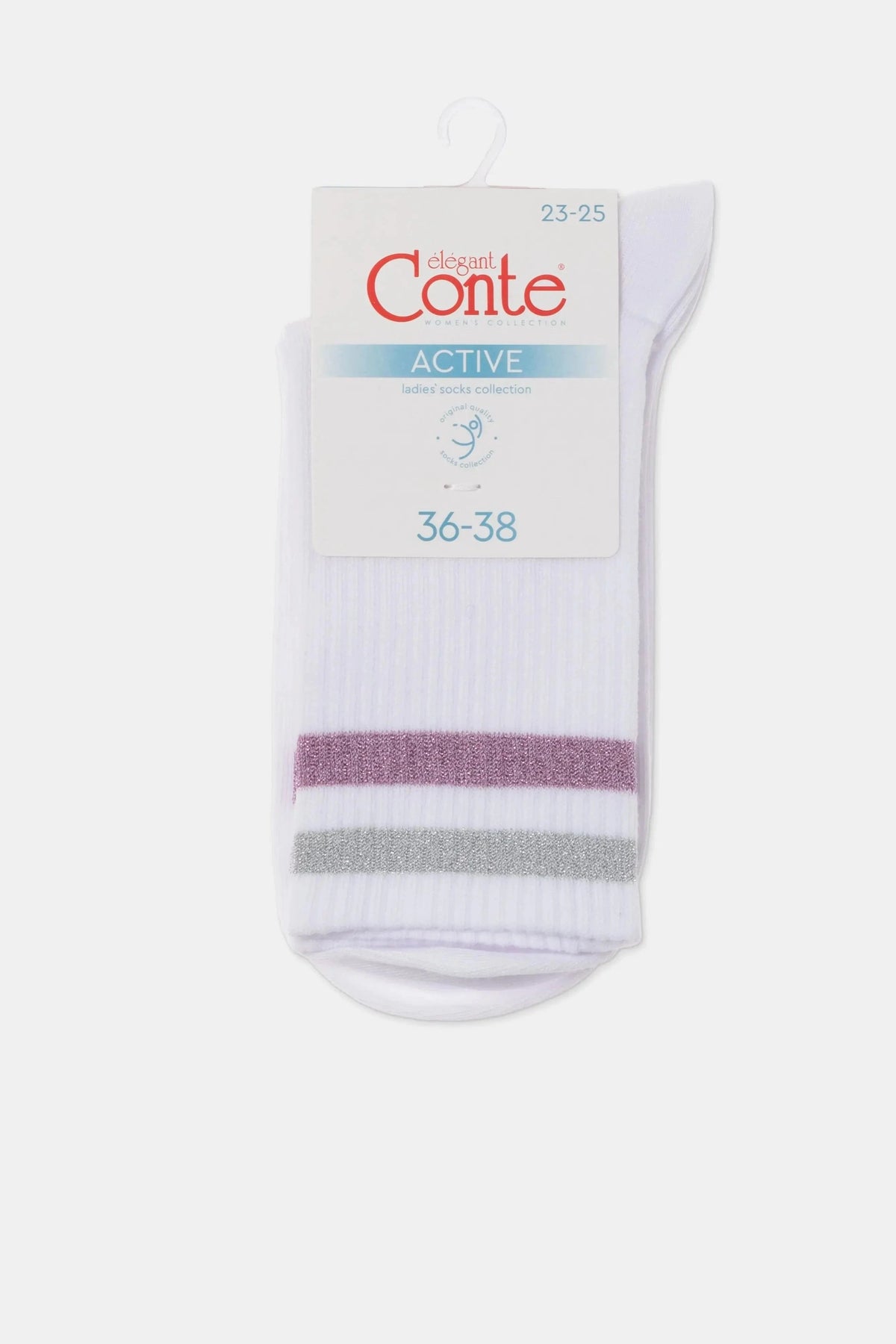 A pair of white crew-length socks featuring a thin metallic pink stripe and a thin metallic silver stripe above the ribbed ankle cuff, presented on a branded cardboard hanger.