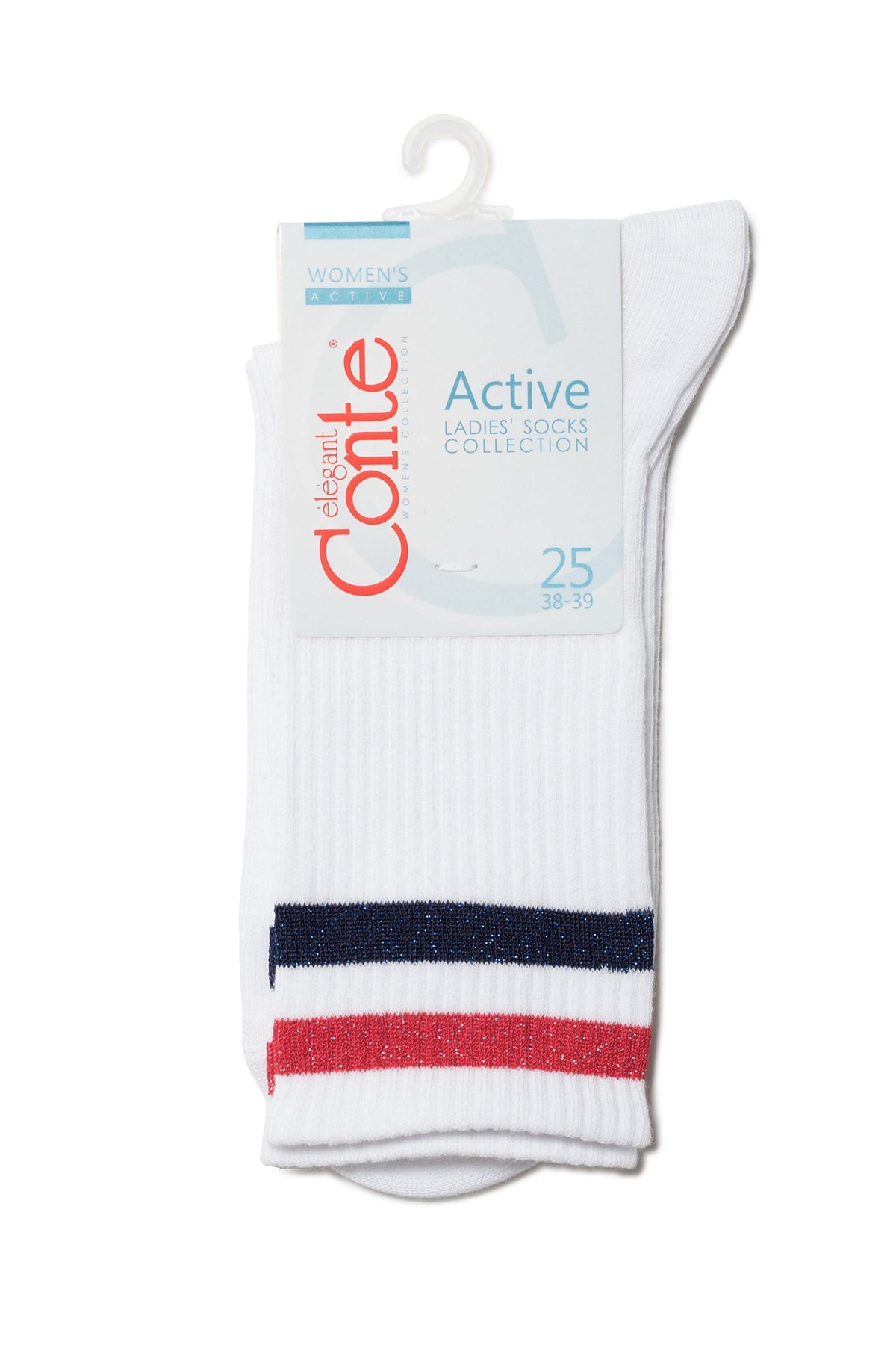 A pair of white crew socks with two stripes, one dark blue and one red, near the cuff on a hanging product display card.
