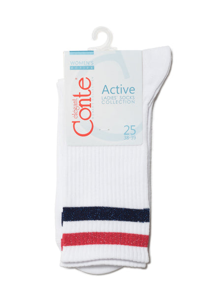 A pair of white crew socks with two stripes, one dark blue and one red, near the cuff on a hanging product display card.