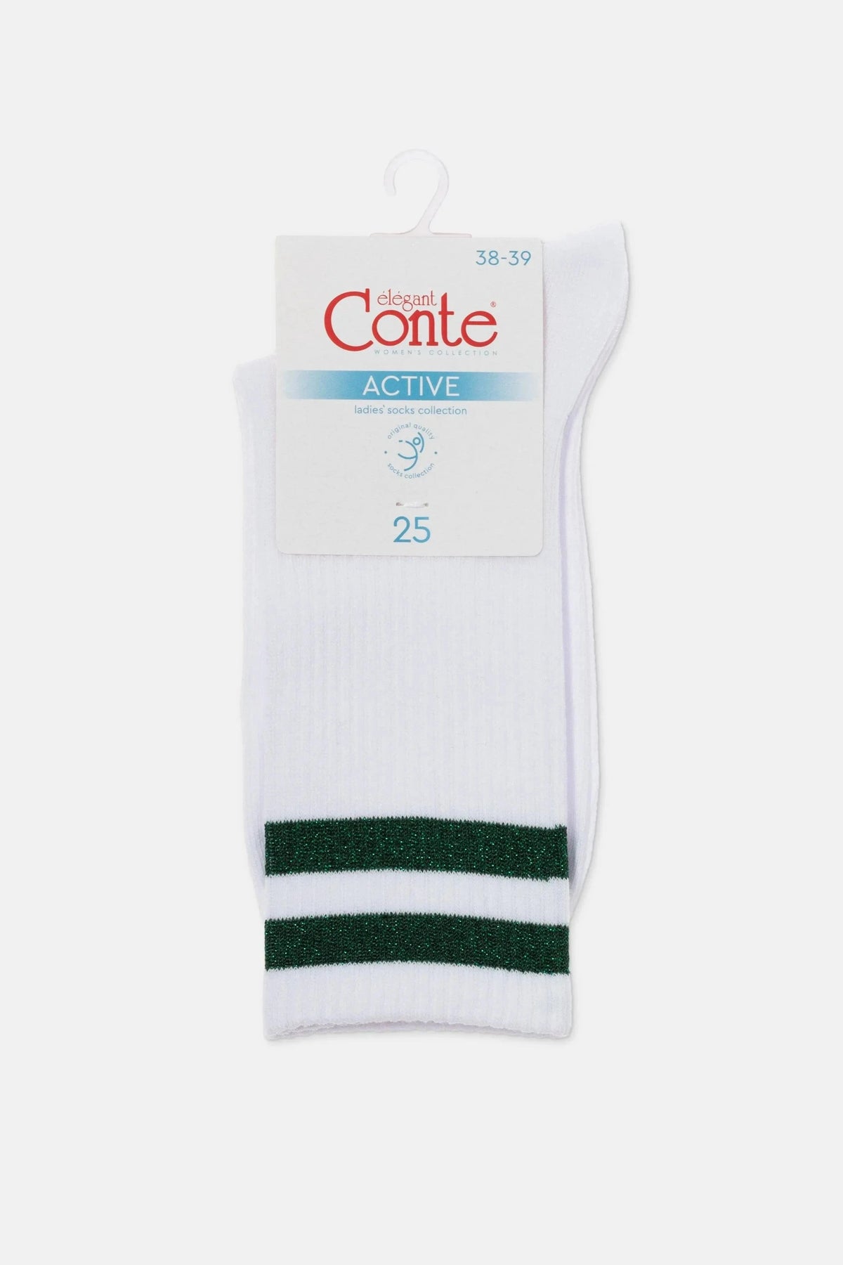 A pair of white crew socks features two horizontal dark green glittery stripes around the ribbed ankle area and hangs from a branded retail packaging card.