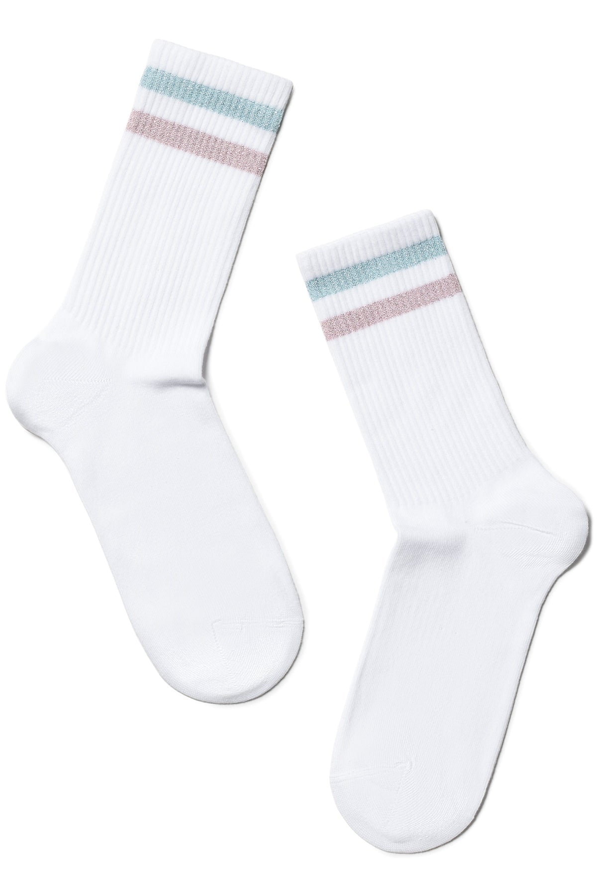 A pair of white crew-length athletic socks featuring two thin horizontal stripes in shimmering light blue and soft pink at the ribbed cuffs.