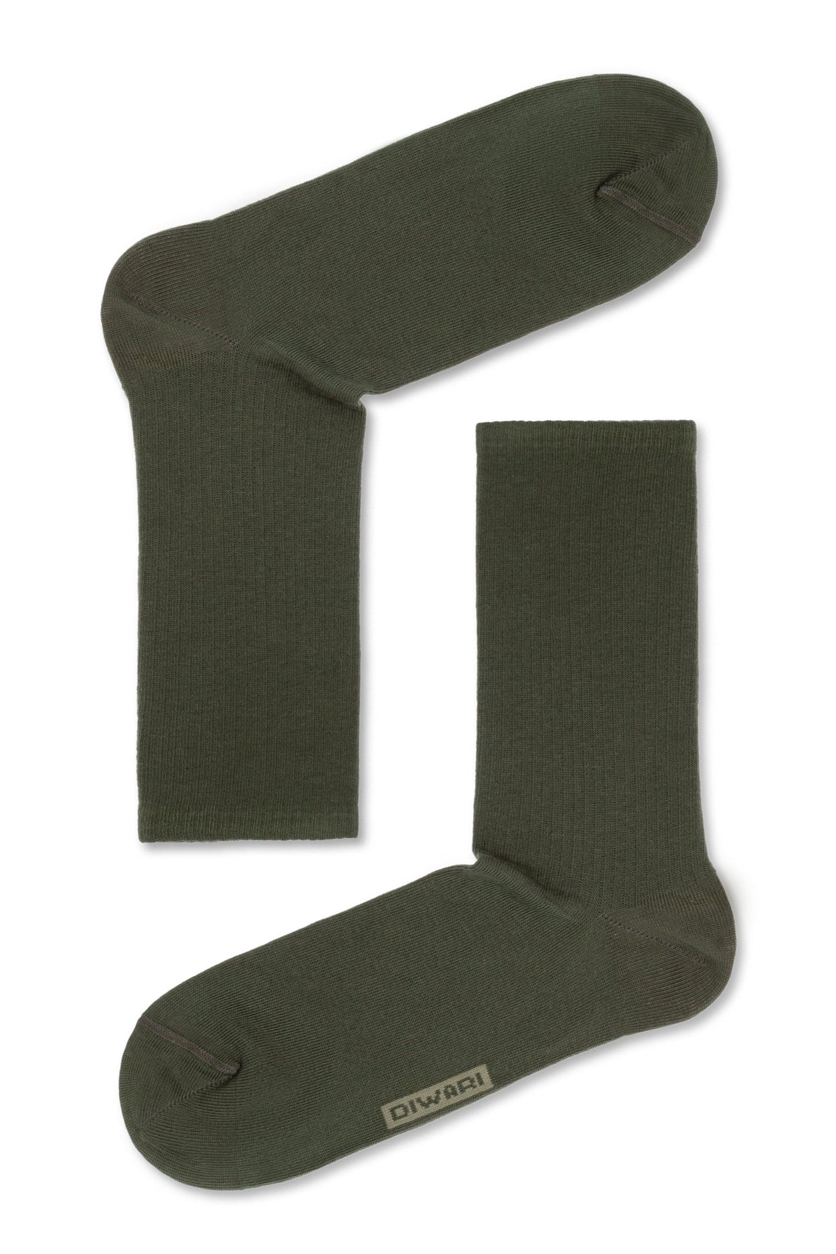 A pair of olive green crew-length socks featuring a small rectangular label with text branding near the toe on a plain white background.
