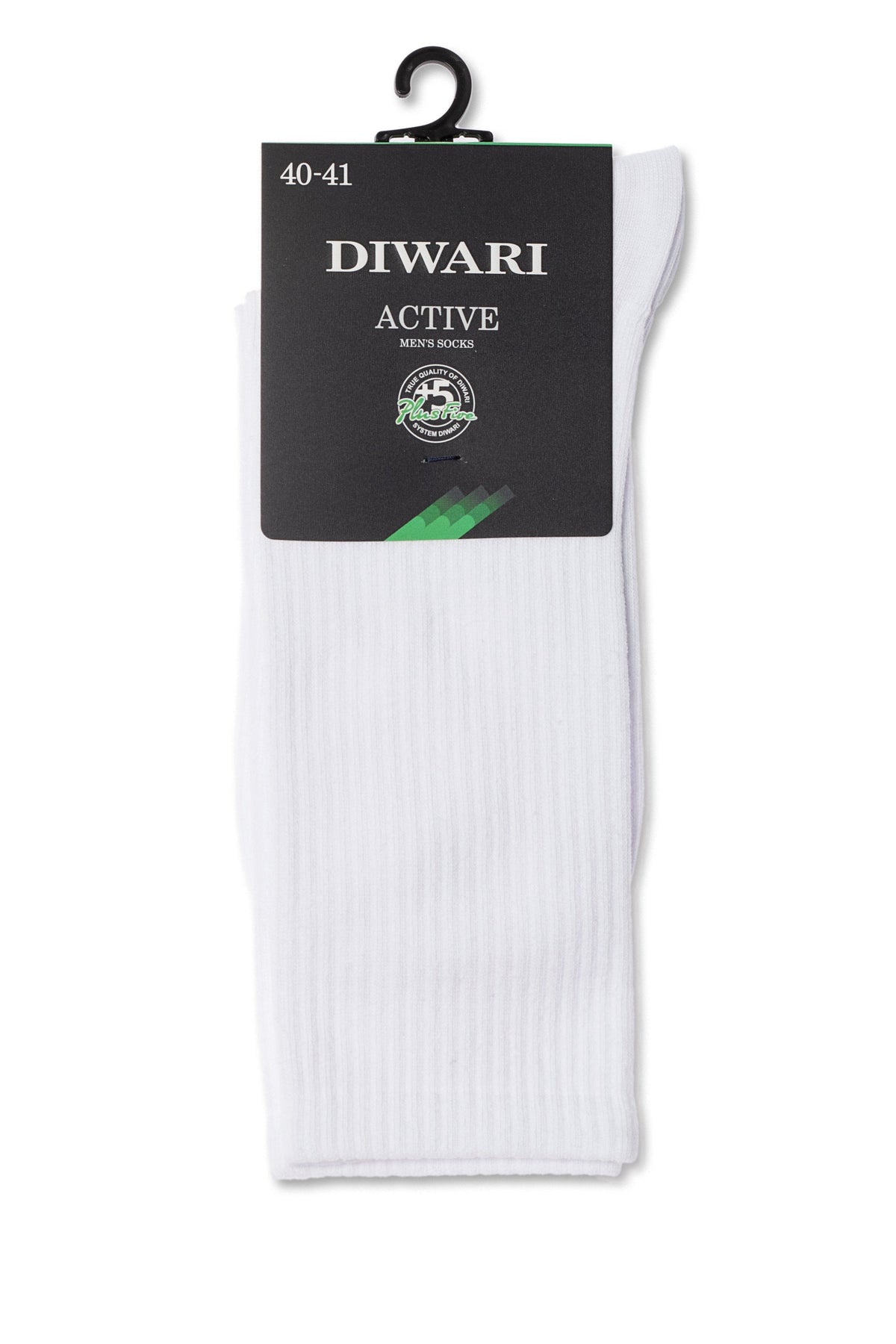 A pair of white ribbed men's crew socks hanging from a black plastic hanger with a black product tag labeled with brand and sizing information.