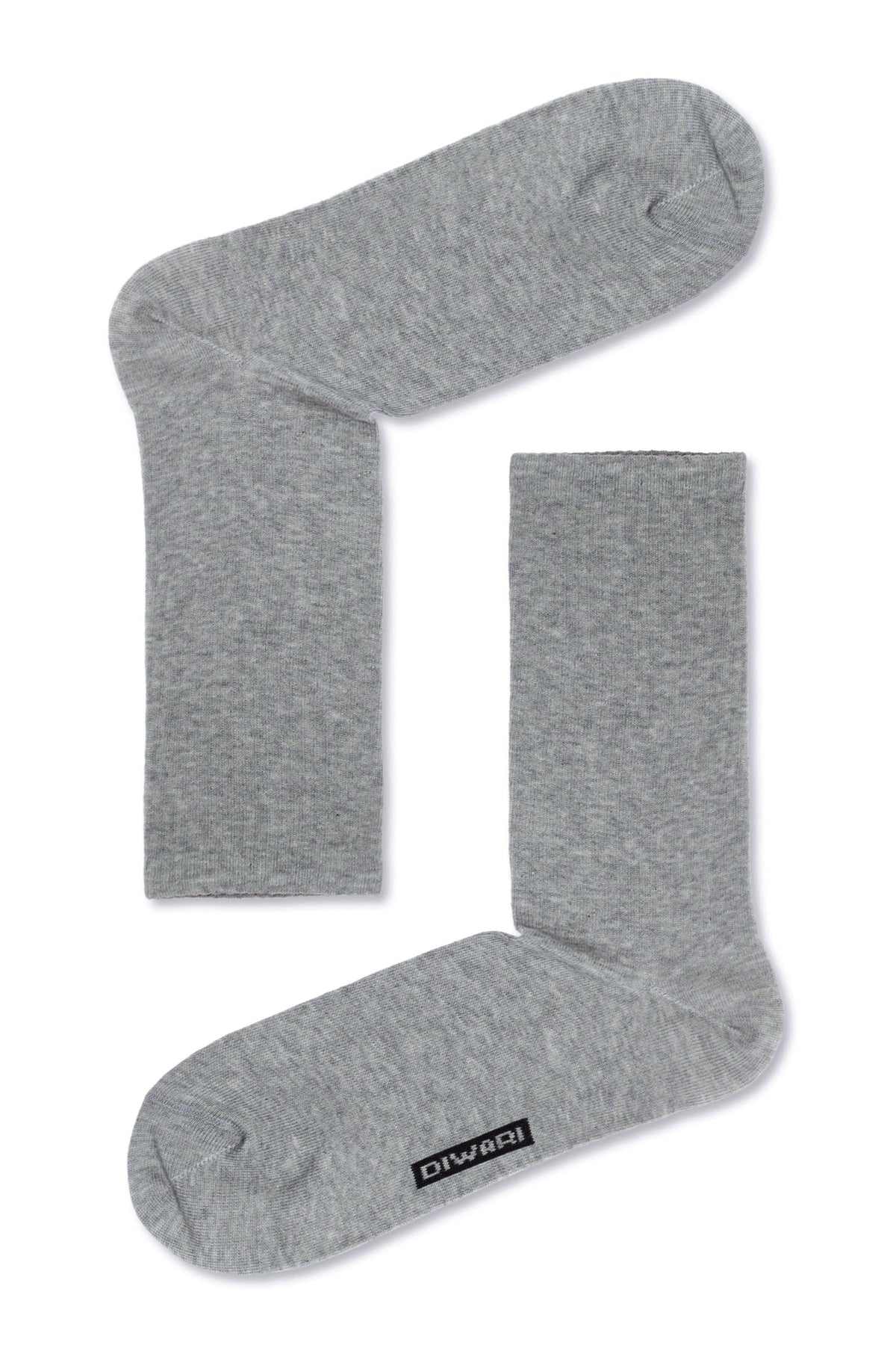 A pair of grey crew socks shown from a top-down perspective, with a small rectangular logo tag on the side of one sock.
