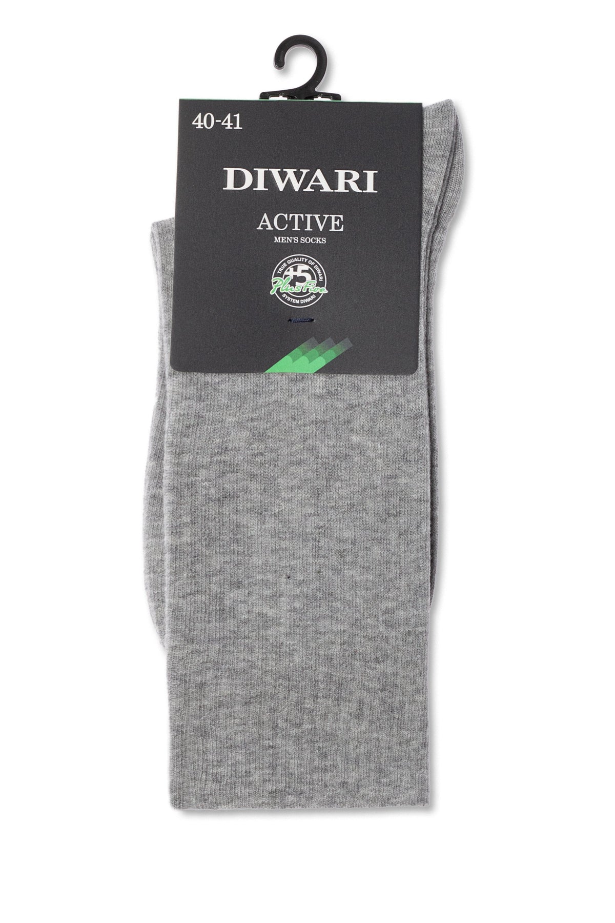 A pair of grey men's socks folded flat and attached to a black cardboard header card with the text 40-41 and DIWARI ACTIVE visible at the top.