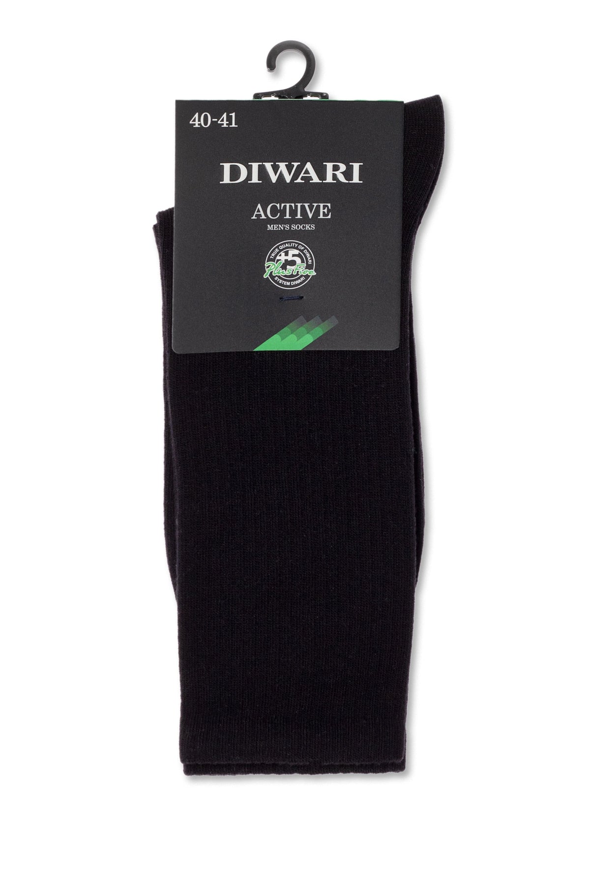 A pair of black crew socks with a hanging cardboard packaging tag showing the brand name, size 40-41, and a green logo against a white background.