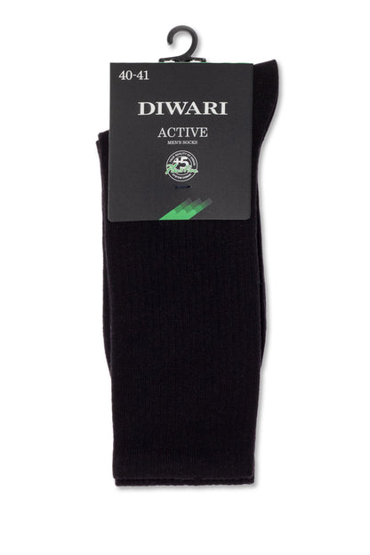 A pair of black crew socks with a hanging cardboard packaging tag showing the brand name, size 40-41, and a green logo against a white background.