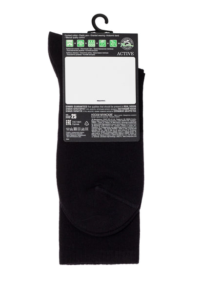 A pair of black crew-length socks hanging on a black plastic display hanger featuring a white informational label on the back with black text and symbols.