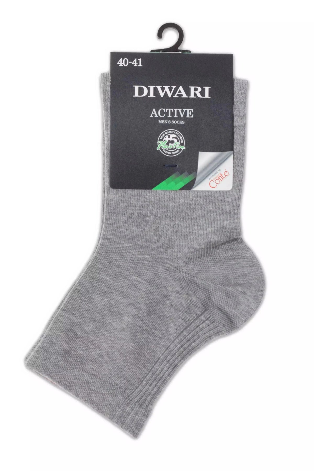 A pair of grey cotton-style ankle socks with a cardboard header card attached by a black plastic hanger.