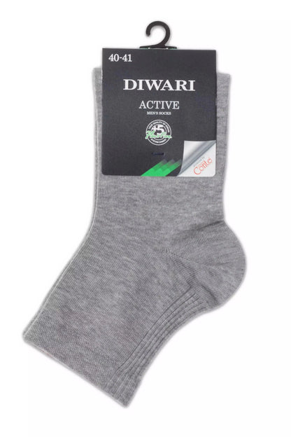 A pair of grey cotton-style ankle socks with a cardboard header card attached by a black plastic hanger.