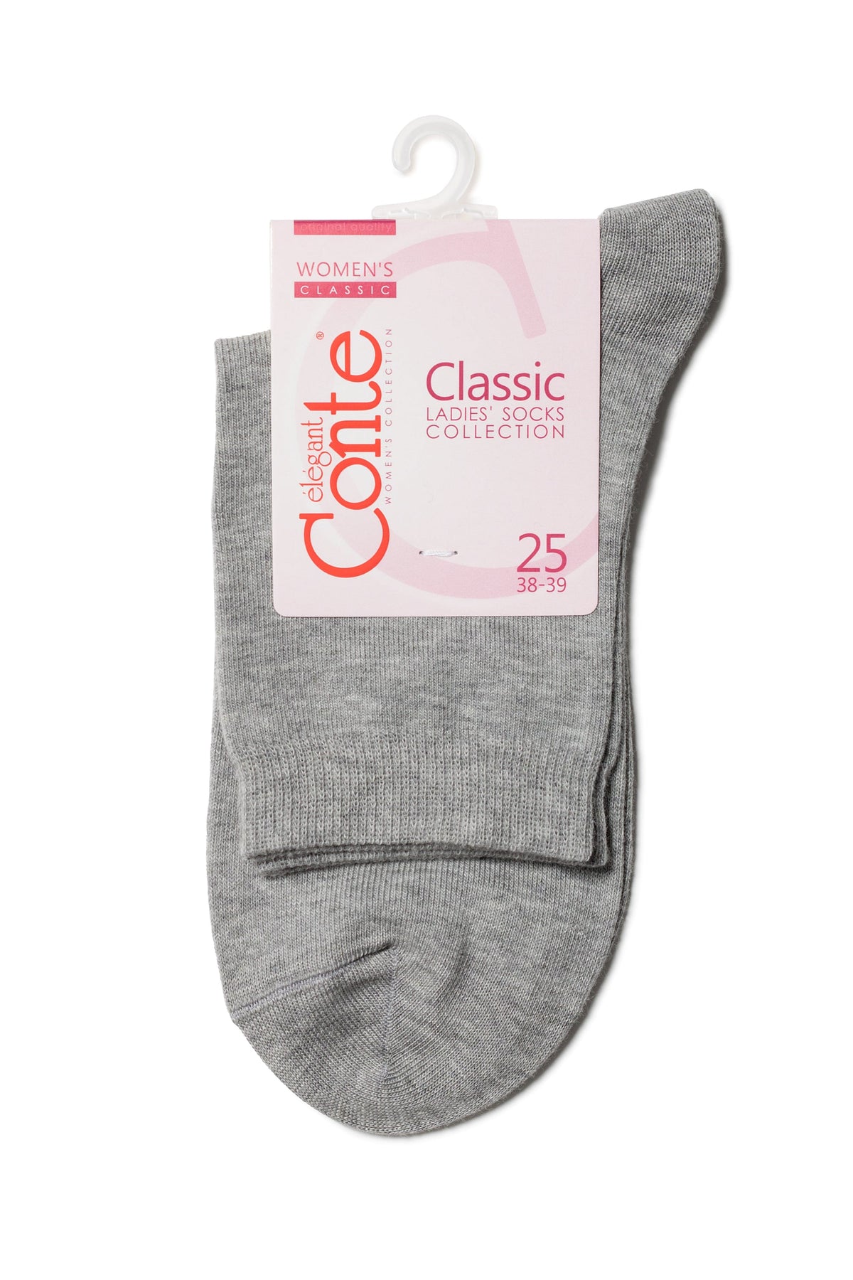 A pair of grey women's socks displayed in their retail packaging with a pink and white cardstock header featuring printed text.