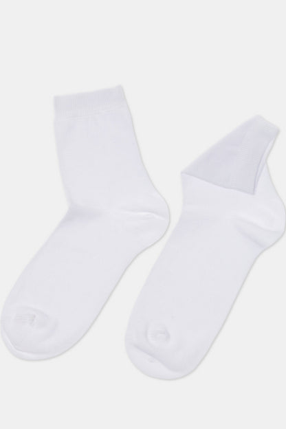 A pair of plain white ankle-length socks displayed against a light grey background.