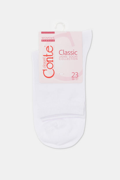 A pair of white women's ankle socks with a branded paper label attached at the top.