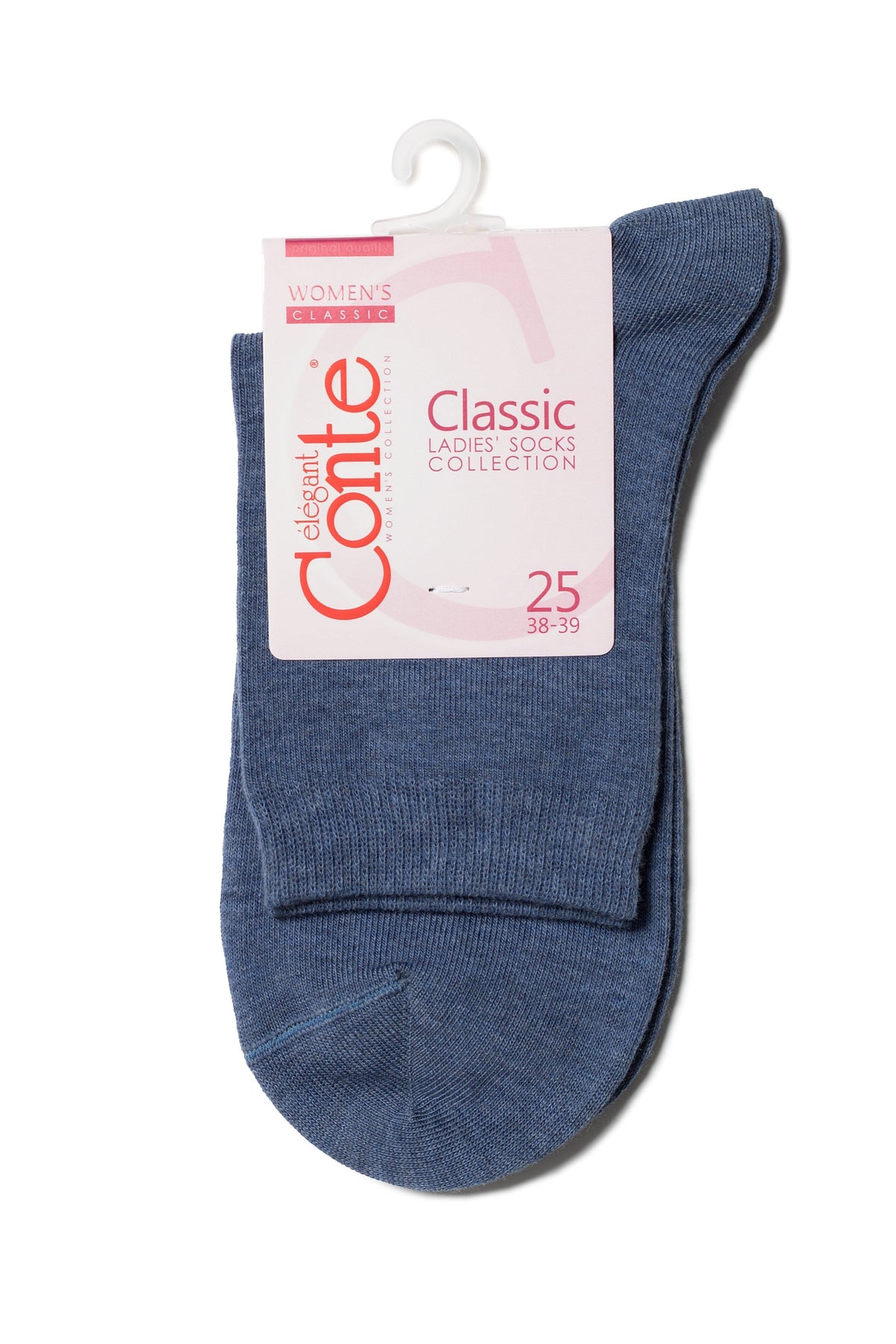 A pair of folded blue women's ankle socks attached to a cardboard display hanger.