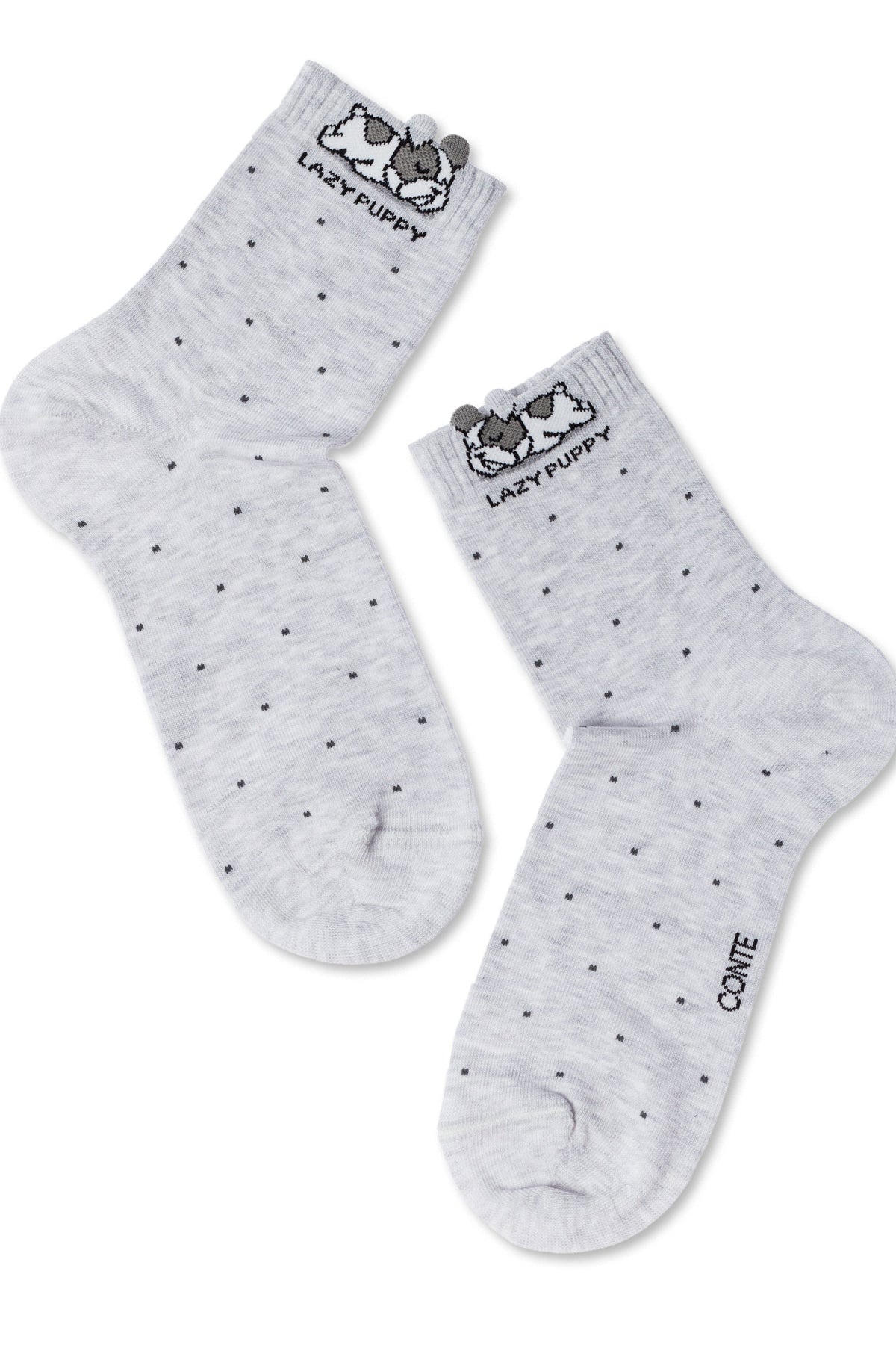 A pair of grey crew socks featuring a repeating dark grey dot pattern, a cute puppy illustration at the cuff, and the text "LAZY PUPPY" stitched below the puppy graphic.