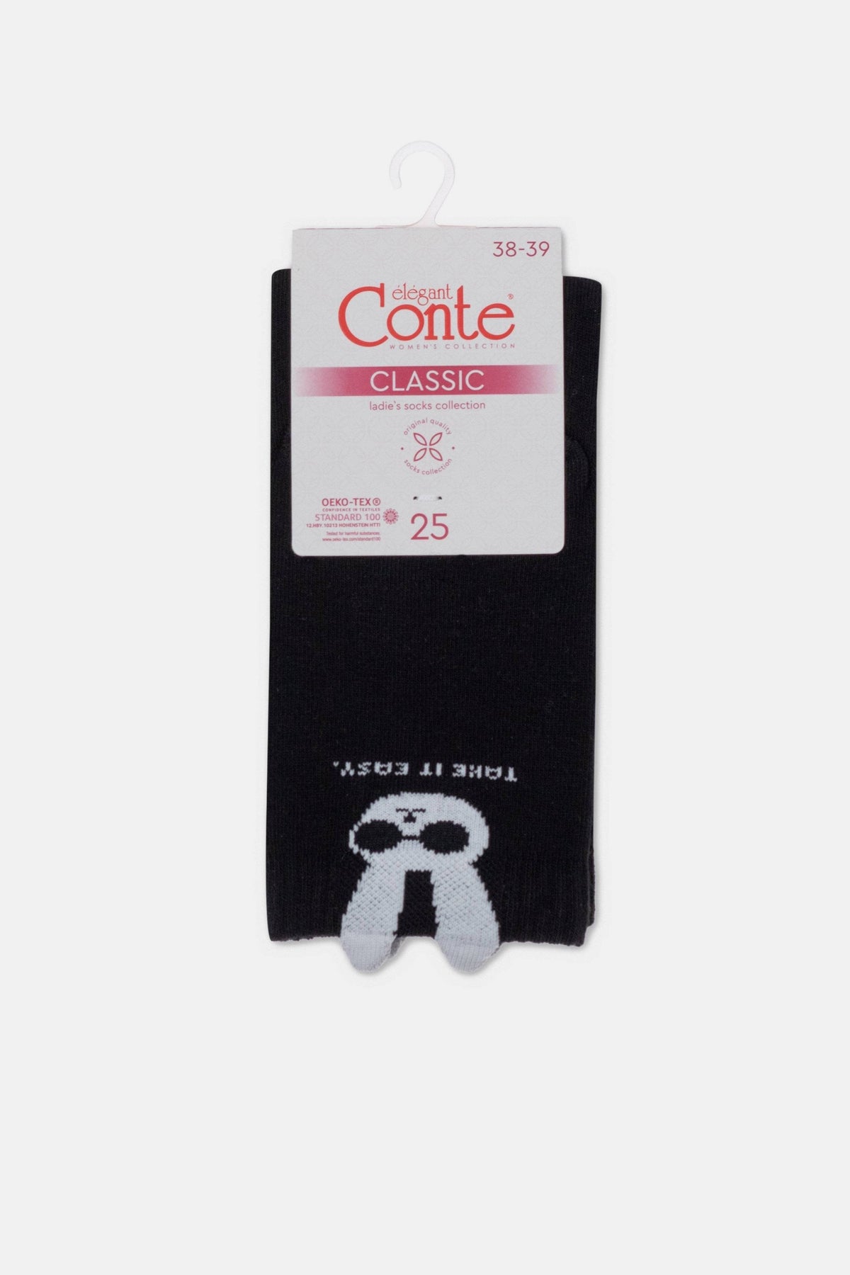A pair of black ankle socks featuring a white graphic of a cartoon ghost with sunglasses and the phrase Take It Easy written in white text, attached to a cardboard product tag.