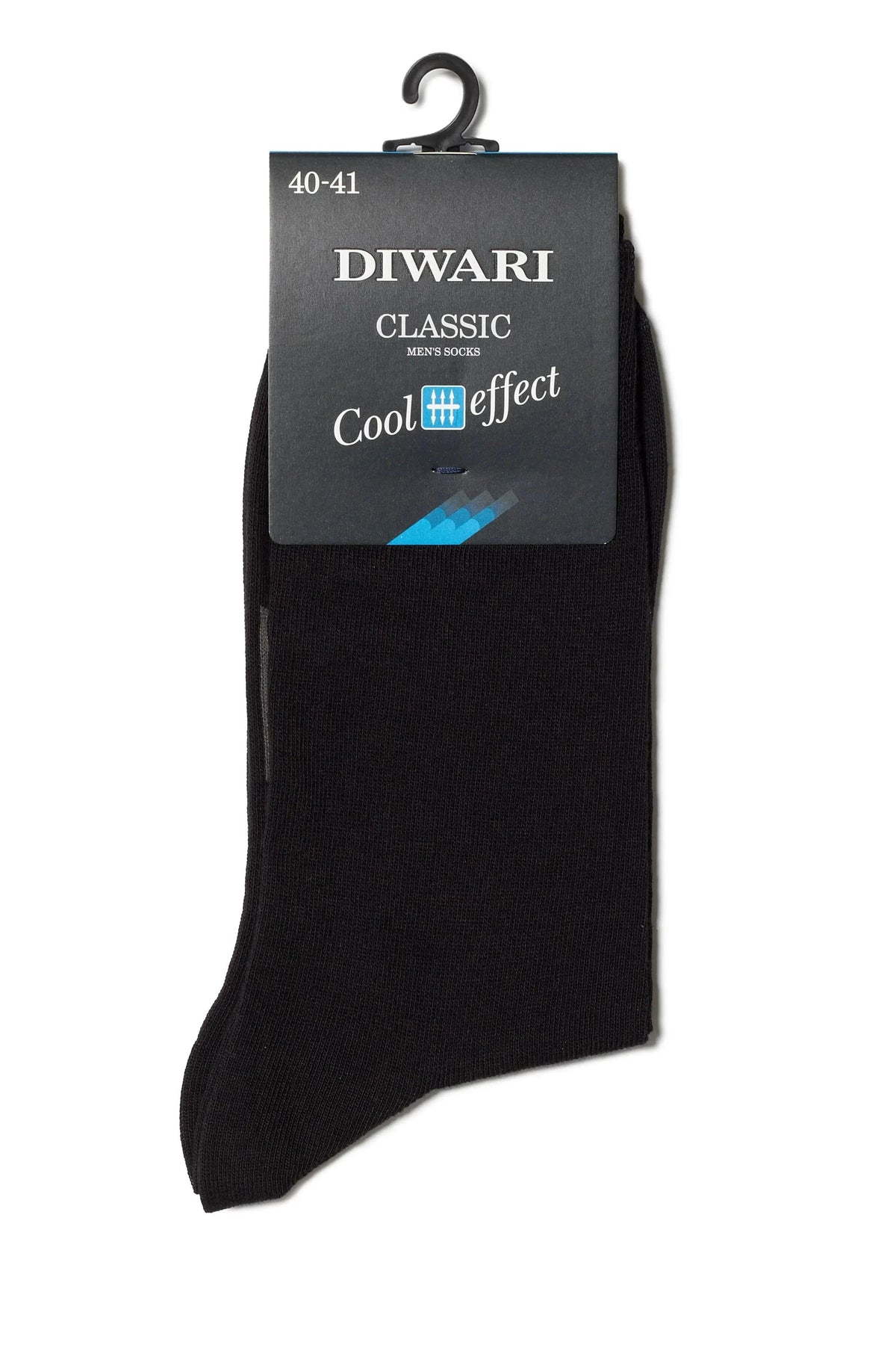 A pair of black men's socks with a black product tag attached to the top featuring the brand name Diwari and the words Classic and Cool effect.