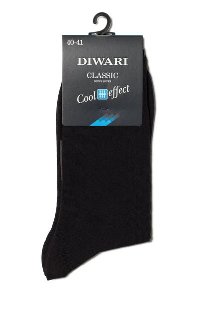 A pair of black men's socks with a black product tag attached to the top featuring the brand name Diwari and the words Classic and Cool effect.