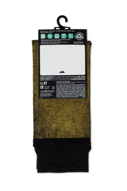 A pair of black and yellow textured pattern socks hanging on a black plastic hook with white text printed on the packaging.