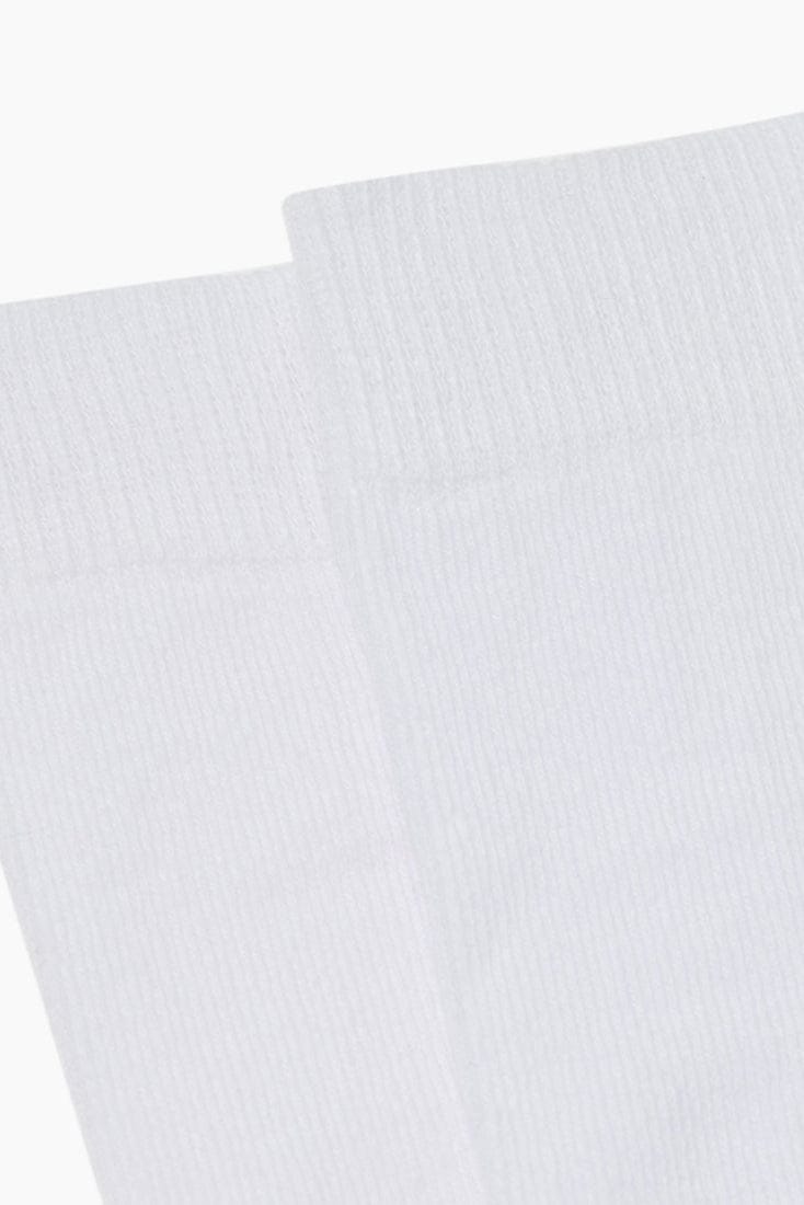 A close-up view of two white cotton socks shown side-by-side against a plain background, focusing on the ribbed texture of the cuffs.