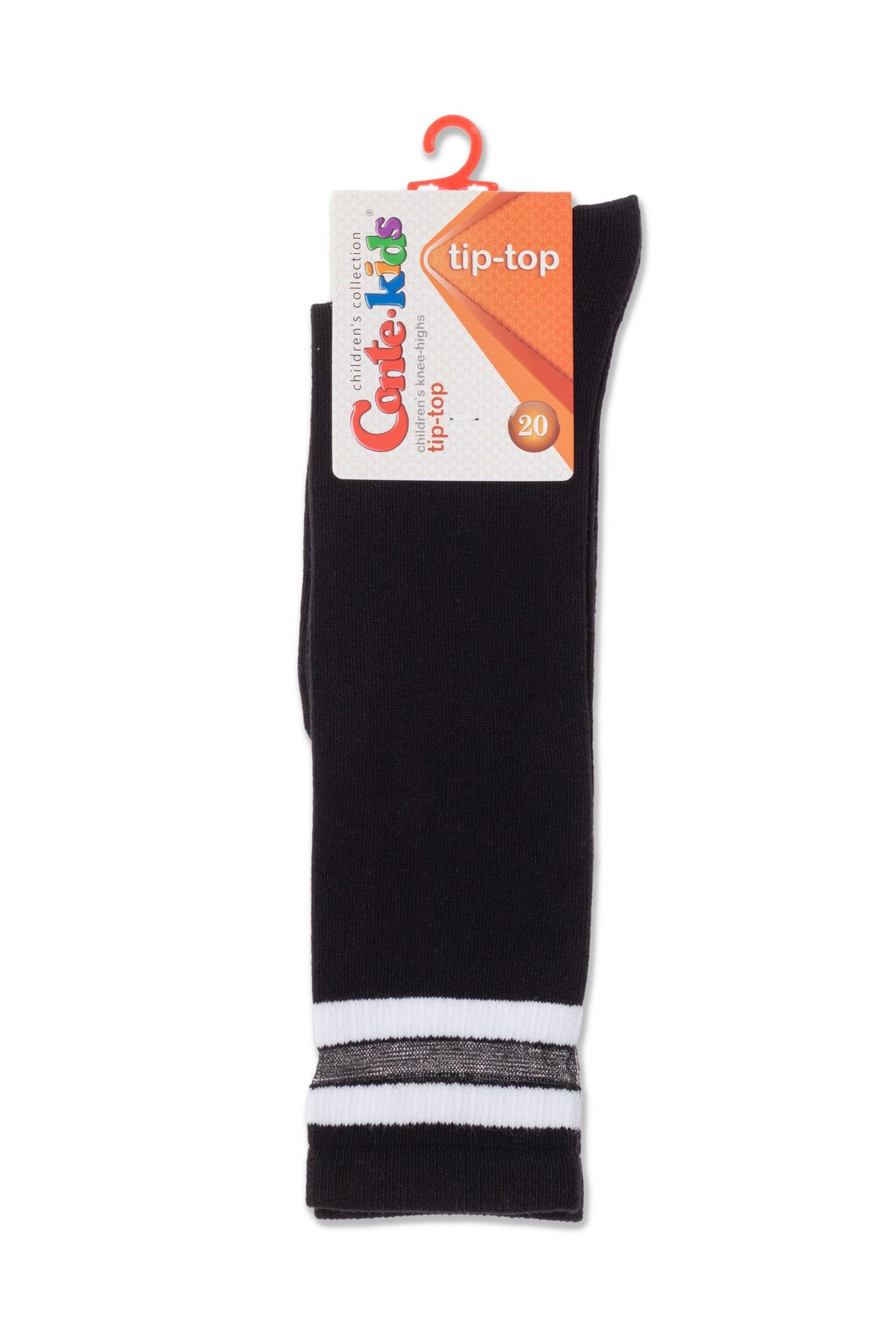 A pair of black knee-high children's socks featuring two horizontal white stripes near the cuff with a shimmering silver band in between, displayed with an attached brand label at the top.