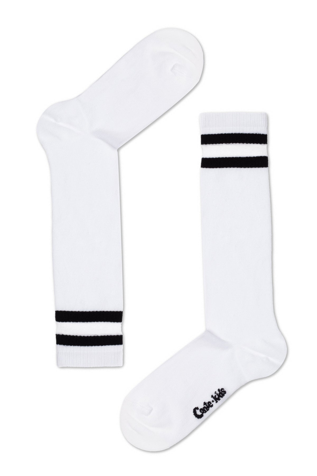 A pair of white crew-length socks featuring two horizontal black stripes at the ribbed cuffs and the text "Conte-kids" embroidered in black on the side of one foot.