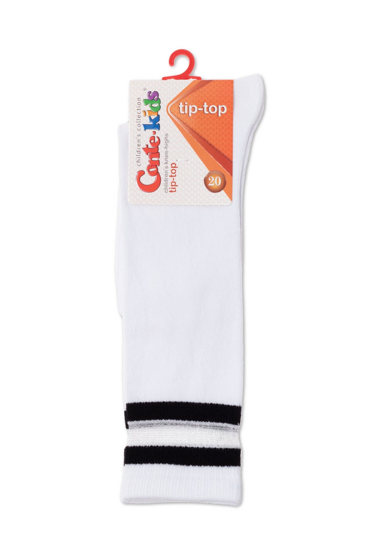 A pair of white knee-high children's socks featuring two horizontal black stripes at the cuff and a cardboard brand tag attached at the top.