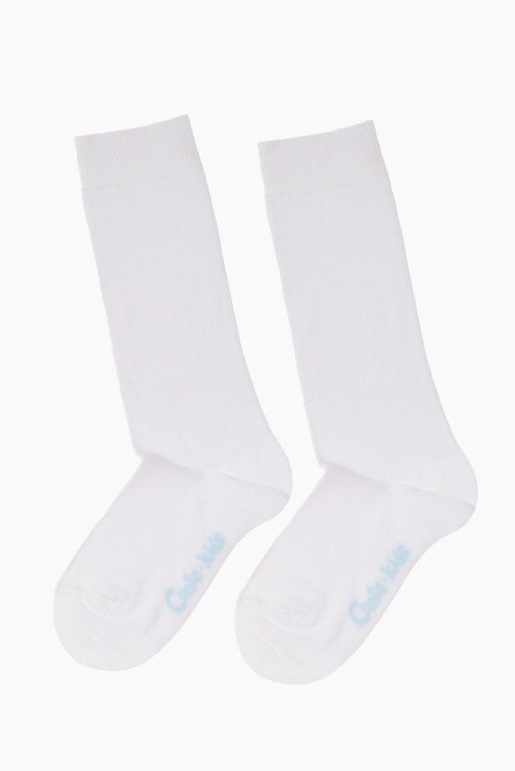 A pair of plain white crew-length socks with light blue text branding on the instep.
