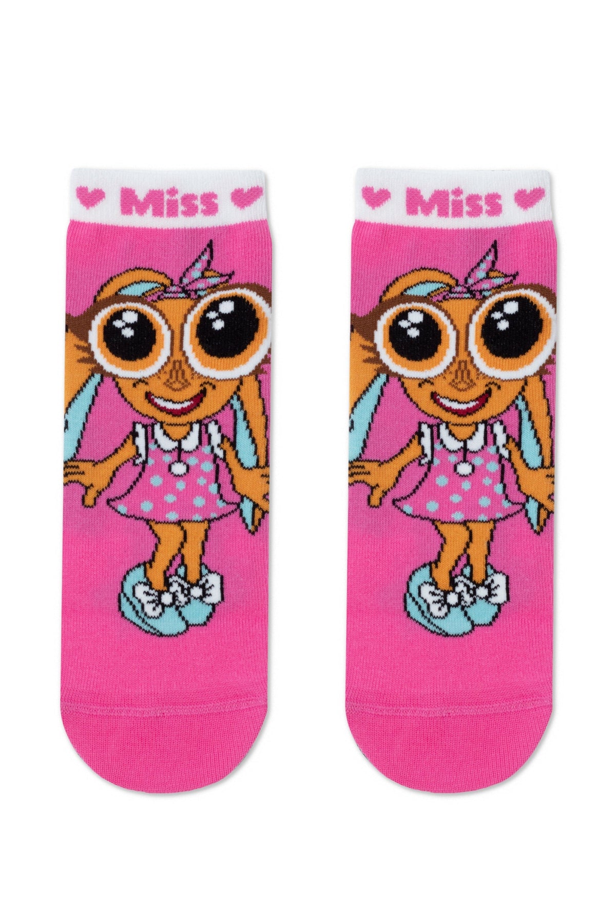 A pair of bright pink ankle socks featuring a cartoon girl character with large eyes, a polka dot dress, and a blue bow on her shoes, with the word Miss flanked by hearts on the white cuff.