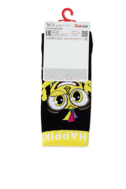 Children's socks with a black upper section featuring a yellow cartoon owl face and a yellow toe with the word HAPPY written in white.